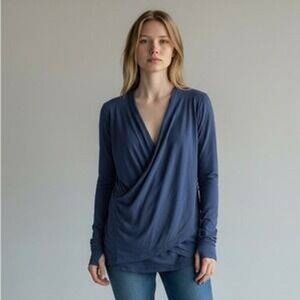 Dolan Left Coast Collection Navy Blue Wrap Front Draped Long Sleeve‎ Blouse Sm